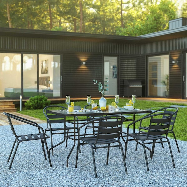 Flash Furniture 7PC Patio Set-55" Glass Table, 6 Black Chairs TLH-089REC-017CBK6-GG - main
